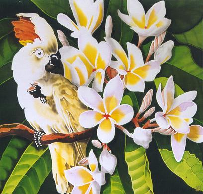 Silk painting Cockatoo and Frangipani