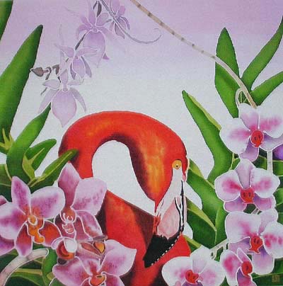 Silk Painting Orchids and flamingo