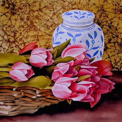 Silk Painting Still Life Tulips and Ginger Jar