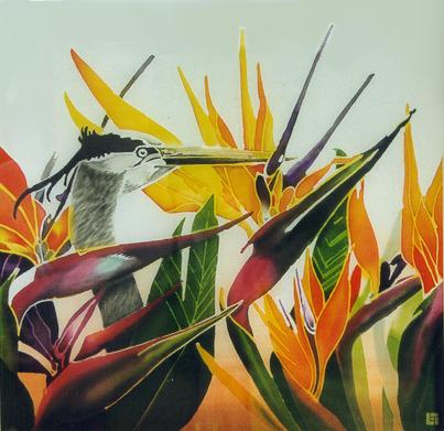 Silk Painting Heron and Strelitzia