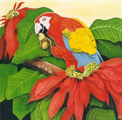 Silk Painting Macaw and Poinsettia