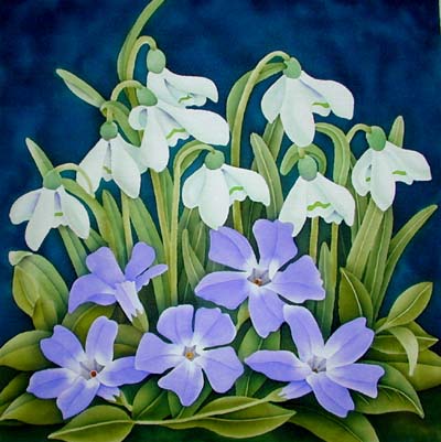 Silk Painting Snowdrops and Vinca