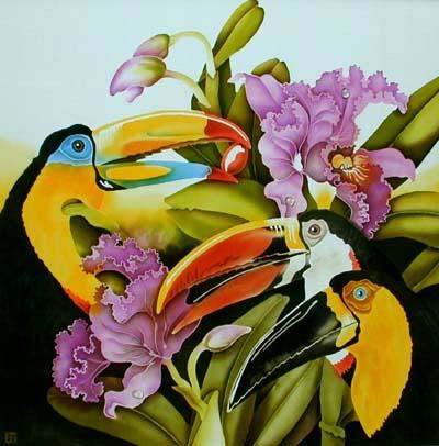 Silk Painting Three Toucans