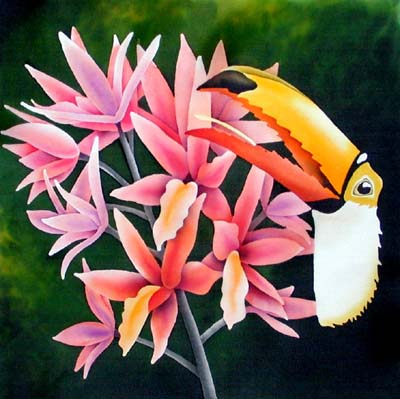 Silk Painting Toucan and Orchids